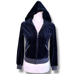 Juicy Couture Vintage Y2K USA Velour Velvet Navy Zip Crop Jacket Hood Medium EUC